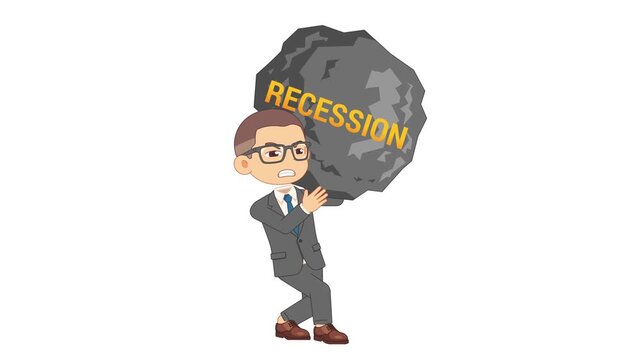 Financial market crash metaphor showing an office worker struggling with a massive recession boulder 