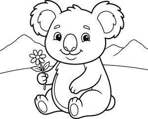 Obraz premium Cute cartoon koala holding a flower, black and white coloring page for children, vector illustration