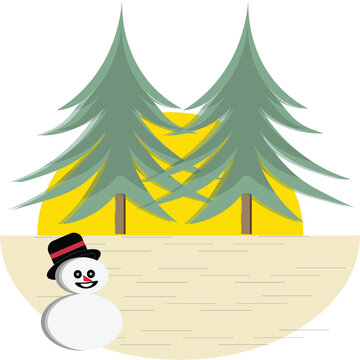 Winter Landscape Illustration with Smiling Snowman Fir Trees and Rising Sun Flat Vector Design