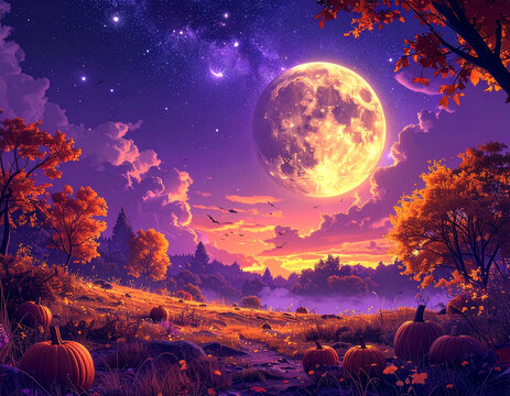 Magical Halloween landscape with glowing full moon, starry purple sky, autumn trees, and pumpkins, illustration