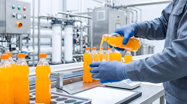 Worker pouring orange juice between plastic bottles on production line