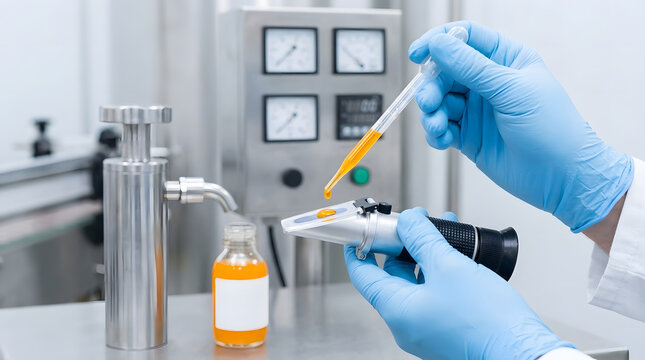 Scientist pipetting orange liquid into glass vial in laboratory