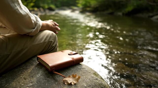 Person Sitting by Forest River with Leather Journal. 4K Video