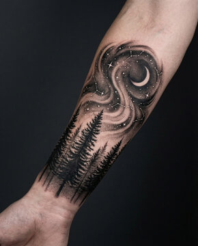 Black and grey pine tree forest tattoo beneath swirling night sky with crescent moon