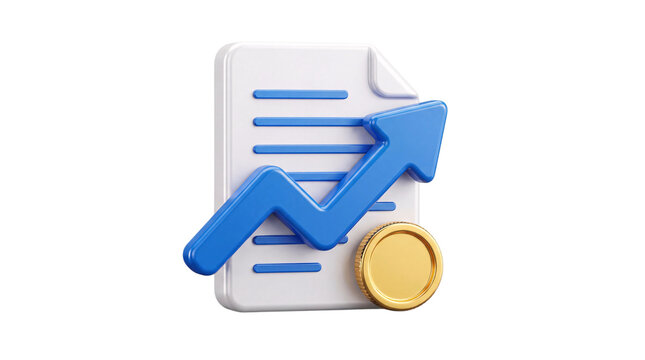 3d growth chart with coin and document on white png on transparent background