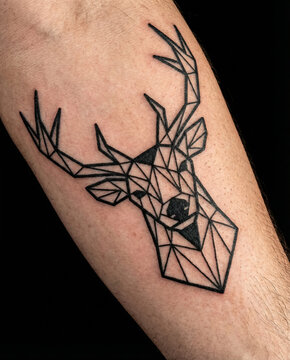 Minimalist geometric low poly deer head with antlers tattoo in bold black lines on human arm