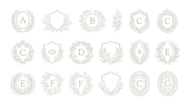 Set of vintage floral monograms and heraldic shields with letters isolated on transparent background