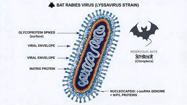 3D educational illustration of Bat Rabies Virus (Lyssavirus strain), labelled cross section with bat reservoir icon