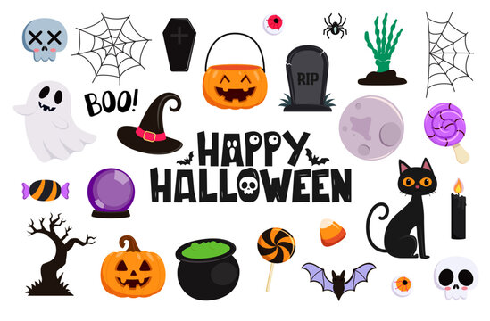 Halloween Cute Elements Clipart Set. Colorful Halloween elements isolated on white background featuring pumpkins, ghost, witch hat, black cat, skull, spider webs, coffin, tombstone, bat, candy