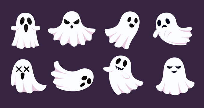 Scary Halloween Ghost Character Clipart Set. Halloween ghost character collection clip art featuring eight white cartoon ghosts with scary, angry, surprised, sad and spooky facial expressions 