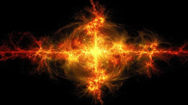 A brilliant, pulsating energy matrix with interconnected nodes of light and fire ignites in a dark, cosmic expanse, representing powerful creation and raw force.