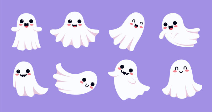 Cute Halloween Ghost Characters Clipart Set. Cute Halloween ghost character collection featuring eight adorable white ghosts clip art with happy, smiling and playful facial expressions on purple 