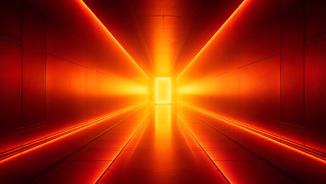 Long narrow corridor with glowing orange neon light lines on walls leading to a bright rectangular portal at the end of the dark hallway