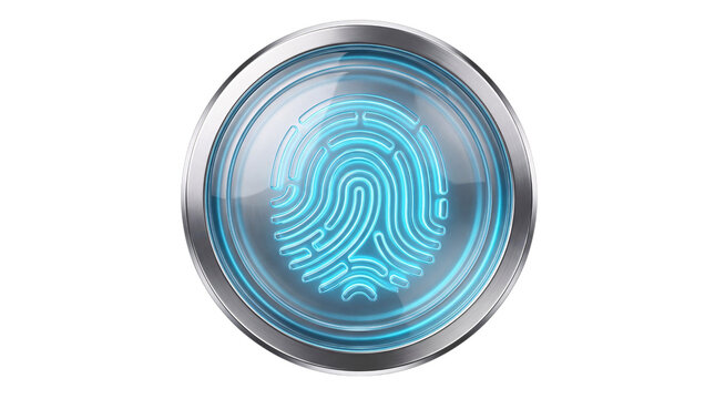 Glowing blue fingerprint within a circular metallic png on transparent background