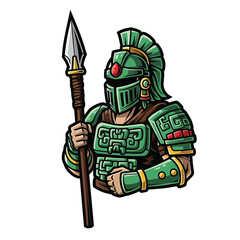 Obraz premium Green armored medieval warrior character holding a long spear in digital art illustration