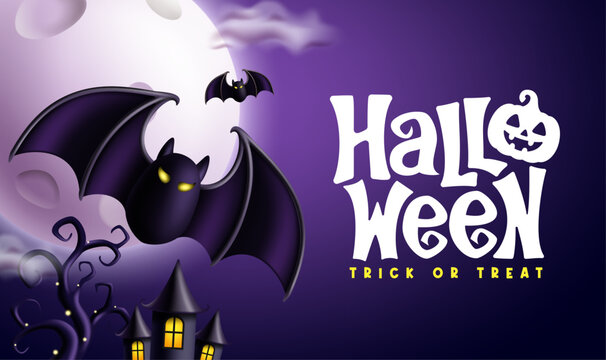 Halloween Trick or Treat Purple Night Clipart Background. Halloween trick or treat greeting typography with spooky flying bats, full moon and haunted house in purple night background clip art 