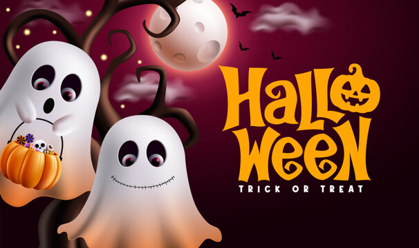 Halloween Trick or Treat Scary Clipart Background. Halloween trick or treat greeting text with two cute spooky ghosts, pumpkin candy bucket, full moon, flying bats, twisted haunted tree and glowing 