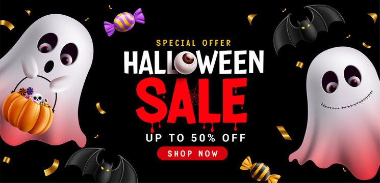 Halloween Sale Special Offer Clipart Banner. Halloween sale promotional banner featuring cute spooky ghosts and flying bats on black background clip art with up to 50% off and shop now text 