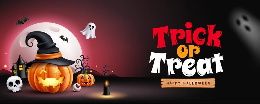 Trick or Treat Halloween Scary Clipart Banner Background. Happy Halloween greeting text featuring glowing jack o lantern pumpkin with witch hat, cute ghost, full moon, flying bats, haunted house
