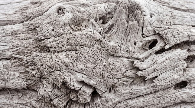 A weathered gray driftwood surface displays rough organic grain patterns shaped by years in nature and weather elements revealing historical passage through time within each unique natural