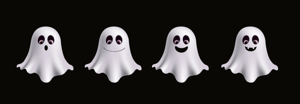 Cute Halloween 3d Ghost Characters on Black Background Clipart Set. Halloween ghost character collection featuring four white spooky ghosts clip art with different cute, funny and scary facial 