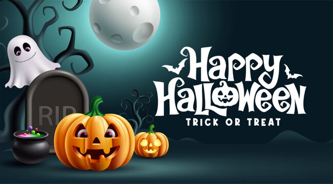 Happy Halloween Greeting Clipart Banner. Happy Halloween and Trick or Treat typography clip art with glowing jack o lantern pumpkins, spooky ghost, full moon, and tombstone scary background 