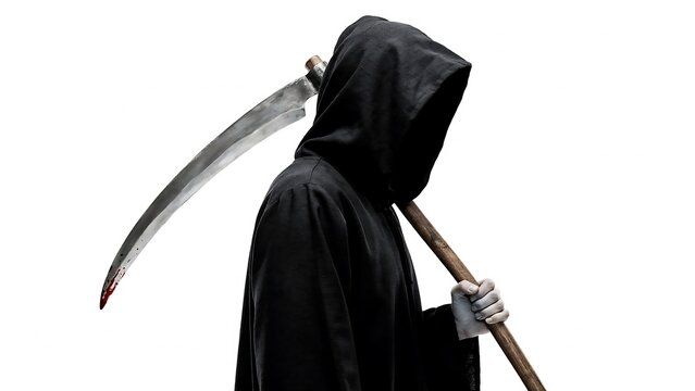 Grim reaper holding a large scythe in black hooded robe on white background