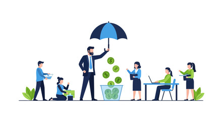 Fototapeta premium Business Financial Protection and Insurance Concept with Team Working and Leader Holding Umbrella Over Money