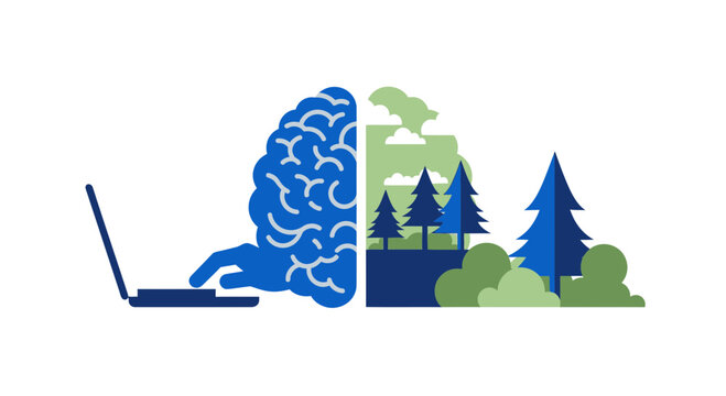 Conceptual Vector Illustration of Digital Technology and Nature Integration in Human Brain