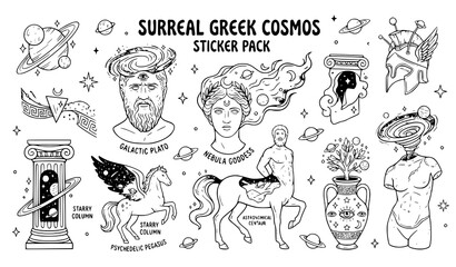 Surreal Greek Cosmos Sticker Pack with Galactic Bust, Nebula Goddess, Pegasus, Centaur, Planet and Greek Column Icons © MdRimon