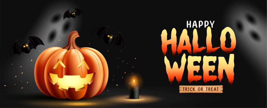 Happy Halloween Banner with Glowing Jack O Lantern Pumpkin Clipart. Happy Halloween and Trick or Treat typography clip art with glowing smiling jack o lantern pumpkin, flying bats, spooky ghost 
