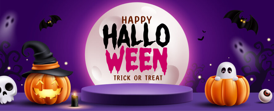 Happy Halloween Product Display Podium Banner Clipart. Happy Halloween purple product display podium clip art with glowing jack o lantern pumpkin on large full moon background for Halloween product 