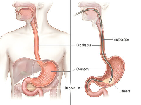 Upper Gastrointestinal Endoscopy EGD Procedure Medical Illustration Diagram Isolated