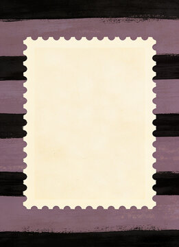 Cream-colored empty page with a stamp-shaped background, set against a horizontal stripe texture in cream and purple paint