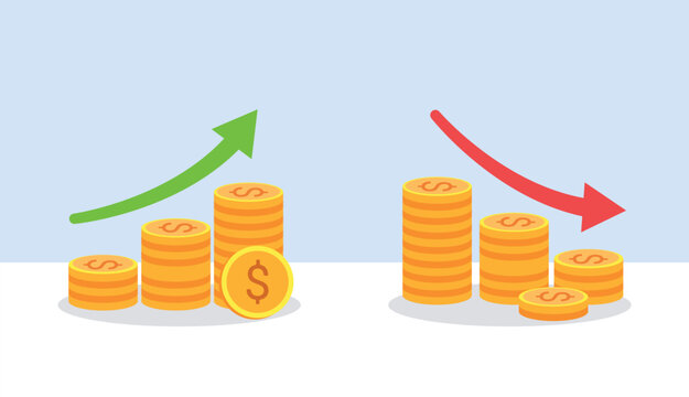 Financial Growth and Decline Comparison with Money Coins, Up and Down Arrows Vector Illustration