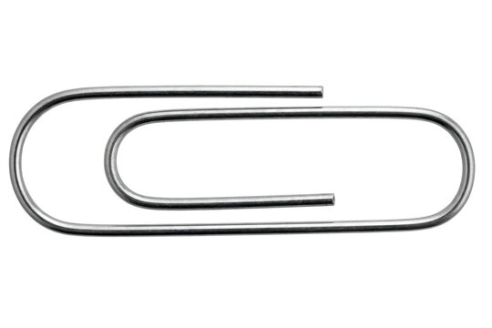 Single silver metal paperclip used for organizing documents and paper sheets isolated on a transparent background