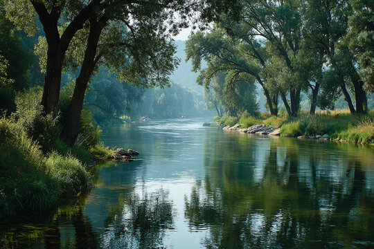 Calm river flowing through a lush green forest with soft light reflections on the water surface