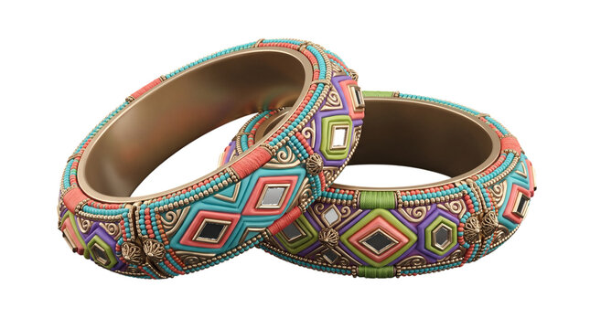Bohemian style bangles with geometric patterns and mirror accents isolated on transparent background
