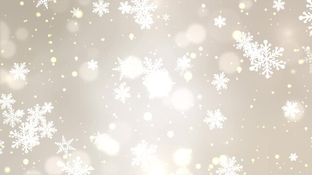 シャンパンゴールド背景に舞い散る雪の結晶と光のボケのシームレスループ動画素材 / Snowflake and glowing bokeh loop on champagne gold gradient background
