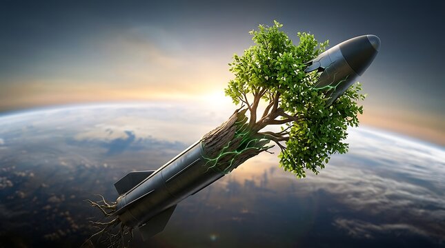 A conceptual space rocket transforming into a lush green tree in orbit.