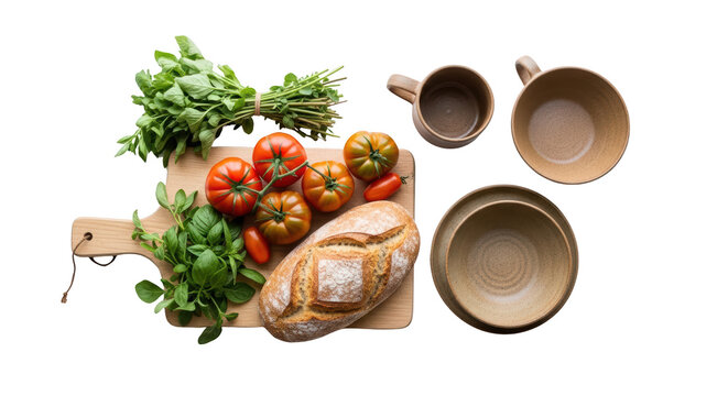 Fresh vegetables and bread on cutting board.