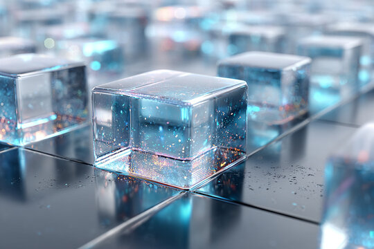 Abstract 3D glass cubes arranged in a grid pattern isolated on a transparent background