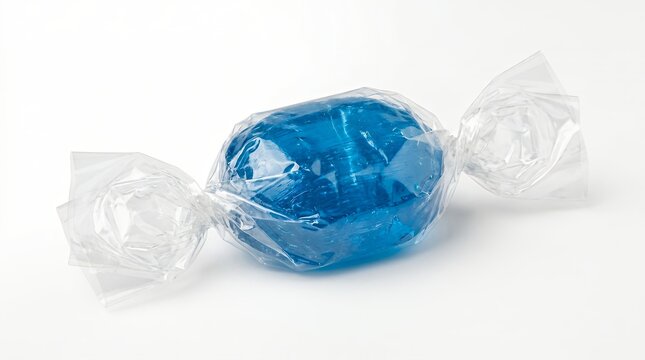 Single blue hard candy in a clear plastic wrapper on a white background