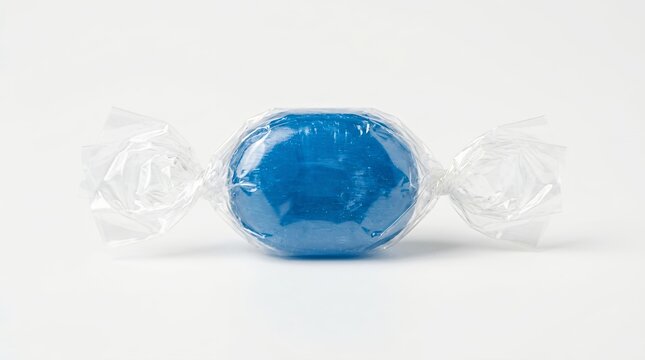 Single blue hard candy in clear plastic wrapper on white background