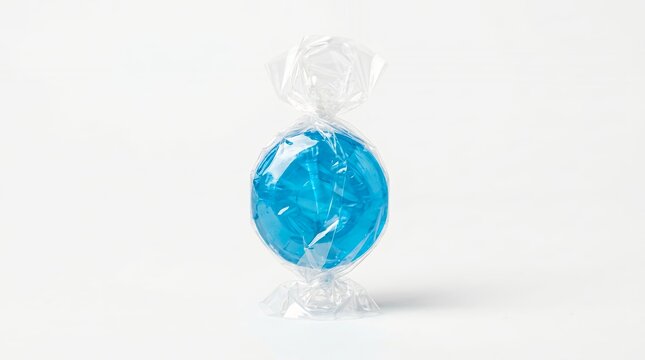 Single blue hard candy in a clear plastic wrapper on a white background