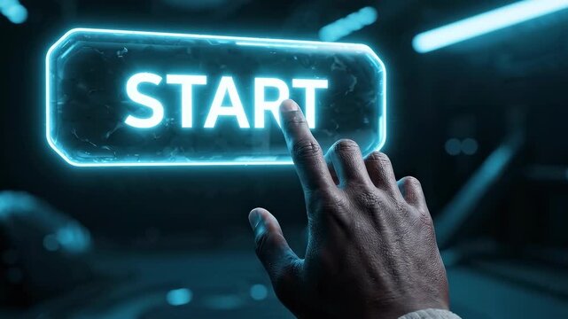 Futuristic Hand Pressing Glowing Start Button - Virtual Reality Interface Animation