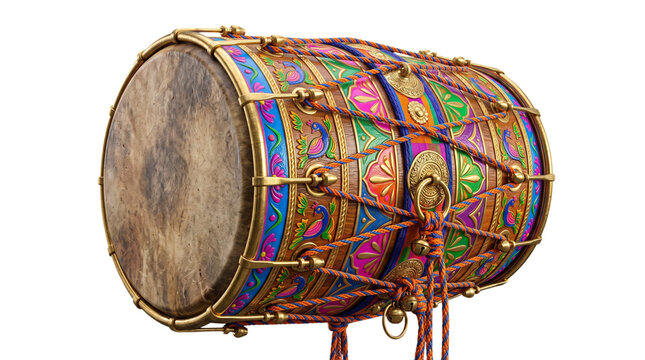 Traditional indian dhol drum with colorful painting isolated on transparent background