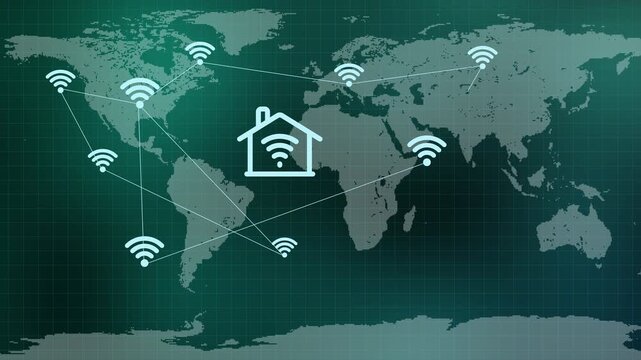 Global smart home network on world map showing wireless connectivity, remote automation, IoT infrastructure and digital integration.
