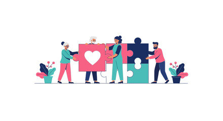 Fototapeta premium Diverse Team Collaborating to Assemble Heart Puzzle for Charity, Care, and Community Support Illustration