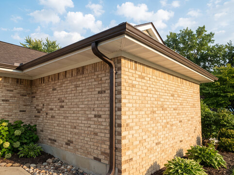 Tan brick house wall with dark brown gutter and soffit under blue sky exterior